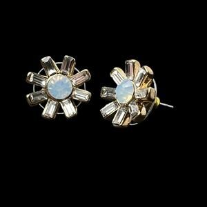 Earrings Clear Baguette Rhinestone Faceted Faux Opal Center Pierced Fashion Post